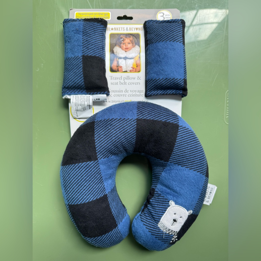 Blue and Black Travel Neck Pillow and Seat Belt Covers
